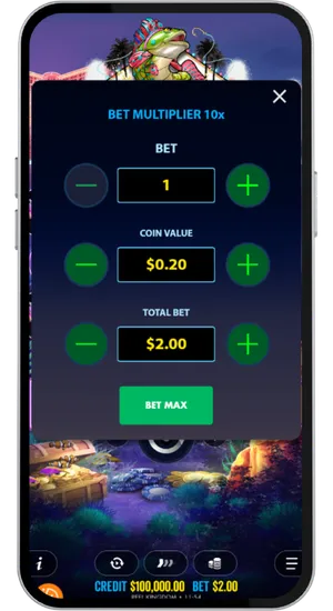 Big Bass Vegas Double Down Deluxe bet panel with stake selector open and the Ante Bet toggle highlighted