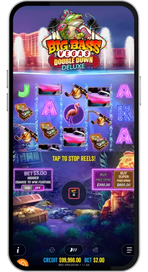 Big Bass Vegas Double Down Deluxe reels in motion after hitting Spin with the bet settings panel still accessible on screen