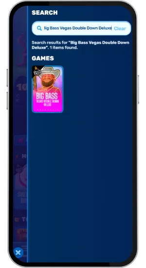 Casino search bar with Big Bass Vegas Double Down Deluxe appearing as a top result in the slots library