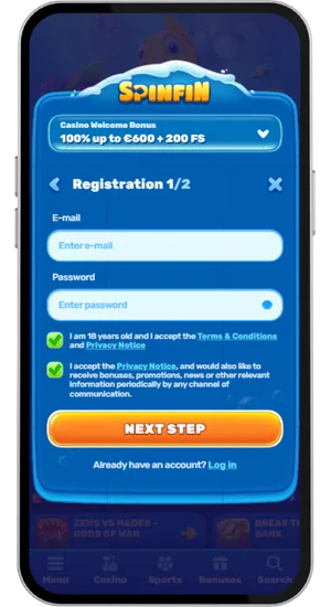 Casino registration form with identity verification steps and a GBP deposit screen ready to fund a new account