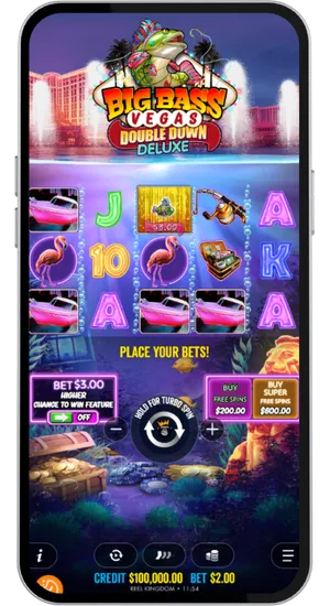 Base game reels with the bet panel showing buy free spins and super free spins options