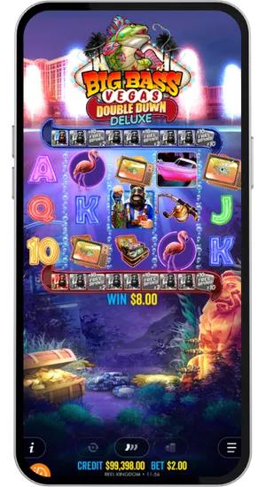 Free spins round in progress with the wild fisherman symbol on the reels and a win displayed