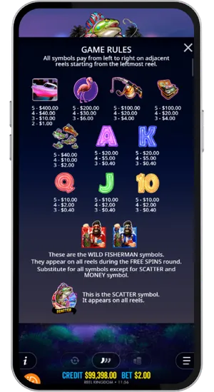 Game rules screen showing payout values for all symbols and descriptions of wild and scatter